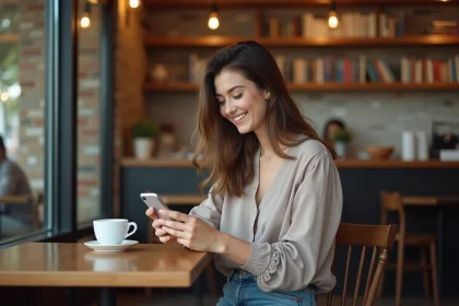 Femme souriante utilisant son téléphone dans un café cosy