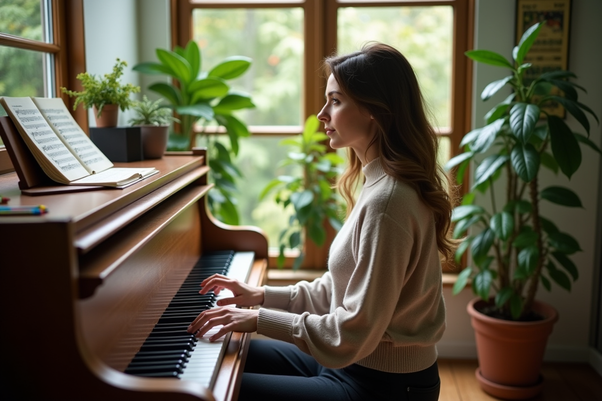 Femme compositrice écrivant chanson mariage au piano dans sunroom