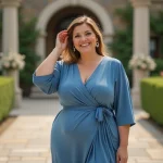 Femme souriante en robe bleue près d'une arche de jardin