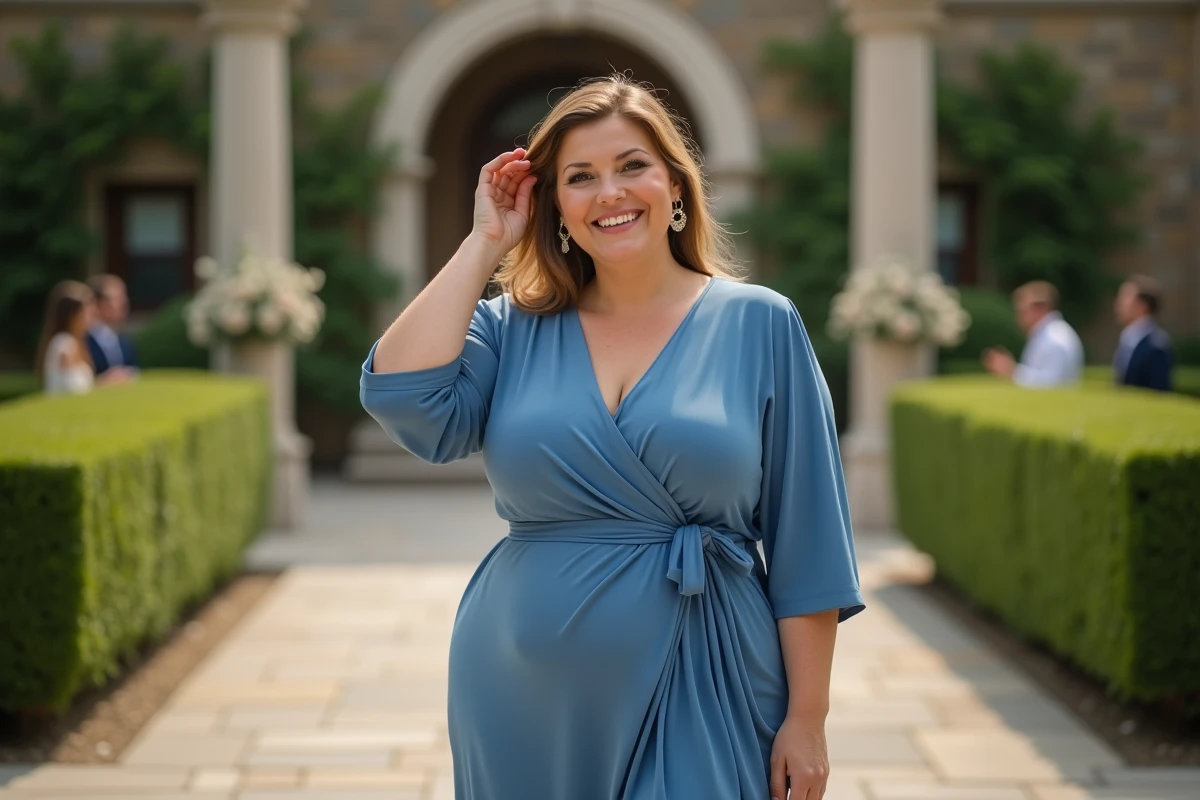 Femme souriante en robe bleue près d'une arche de jardin