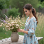 Jeune femme en robe pastel arrangeant des fleurs sauvages dans un vase