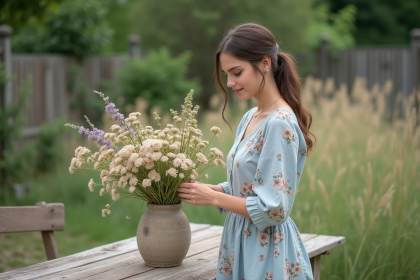 Jeune femme en robe pastel arrangeant des fleurs sauvages dans un vase