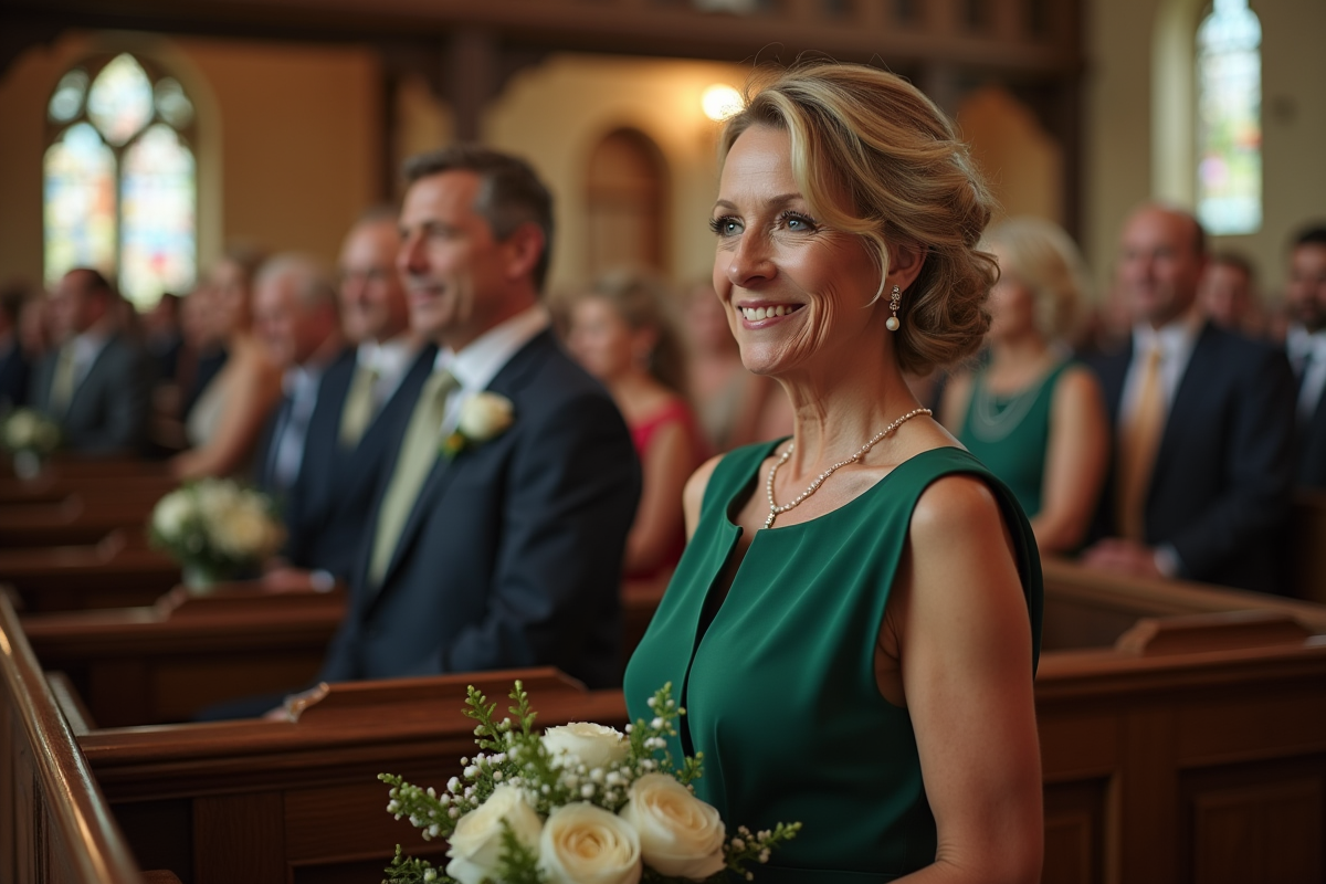 Femme invitée en robe verte souriante à l intérieur