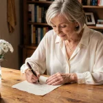 Femme écrivant une lettre manuscrite pour célébrer 36 ans de mariage noce de mousseline à distance