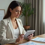 Femme sophistiquée avec tablette et budget mariage