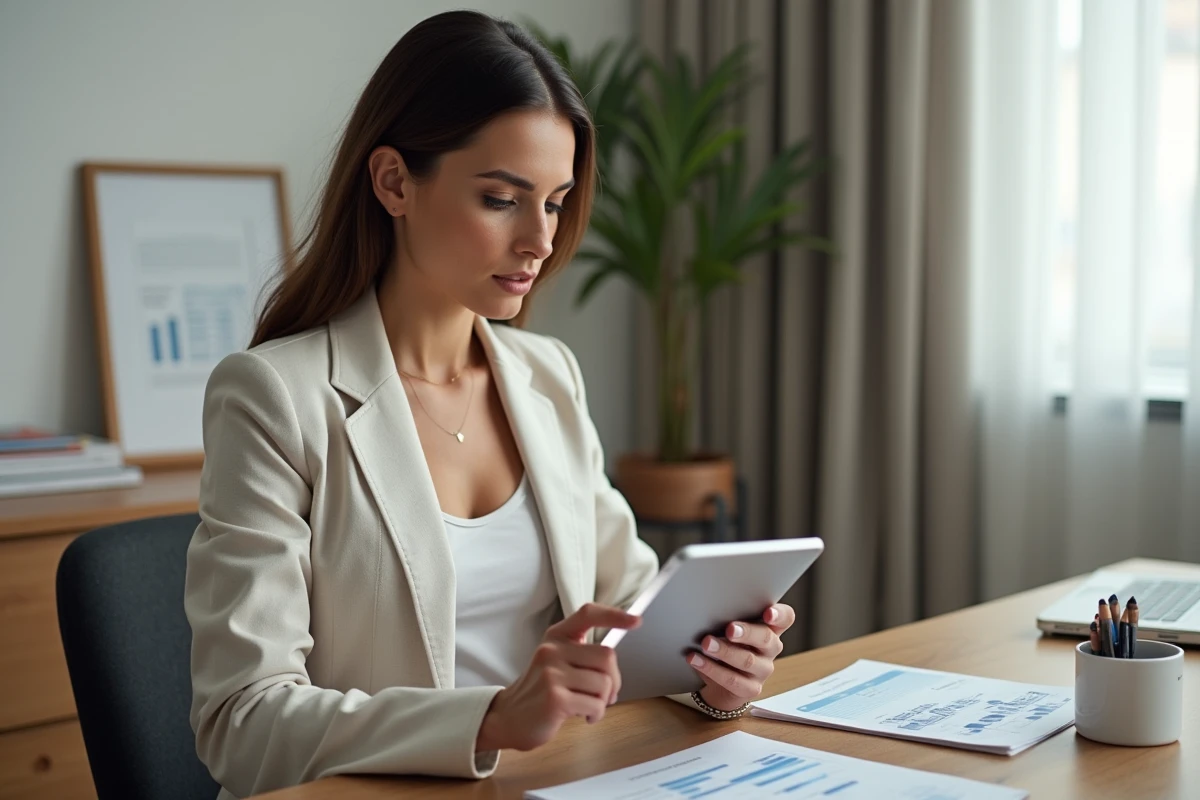 Femme sophistiquée avec tablette et budget mariage