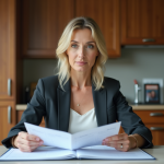 Femme en blazer examinant des documents à la maison