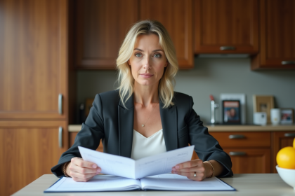 Femme en blazer examinant des documents à la maison
