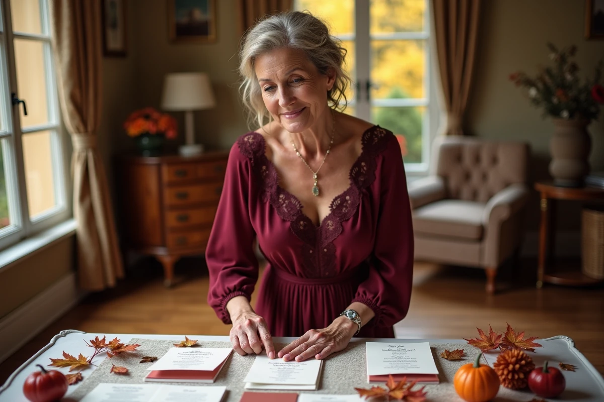 Femme arrangeant papeterie de mariage automne chaleureuse