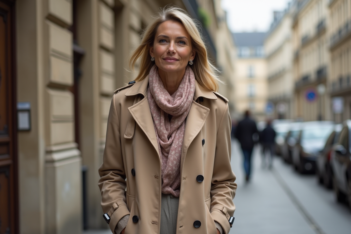 Femme française en trench marchant dans une rue parisienne