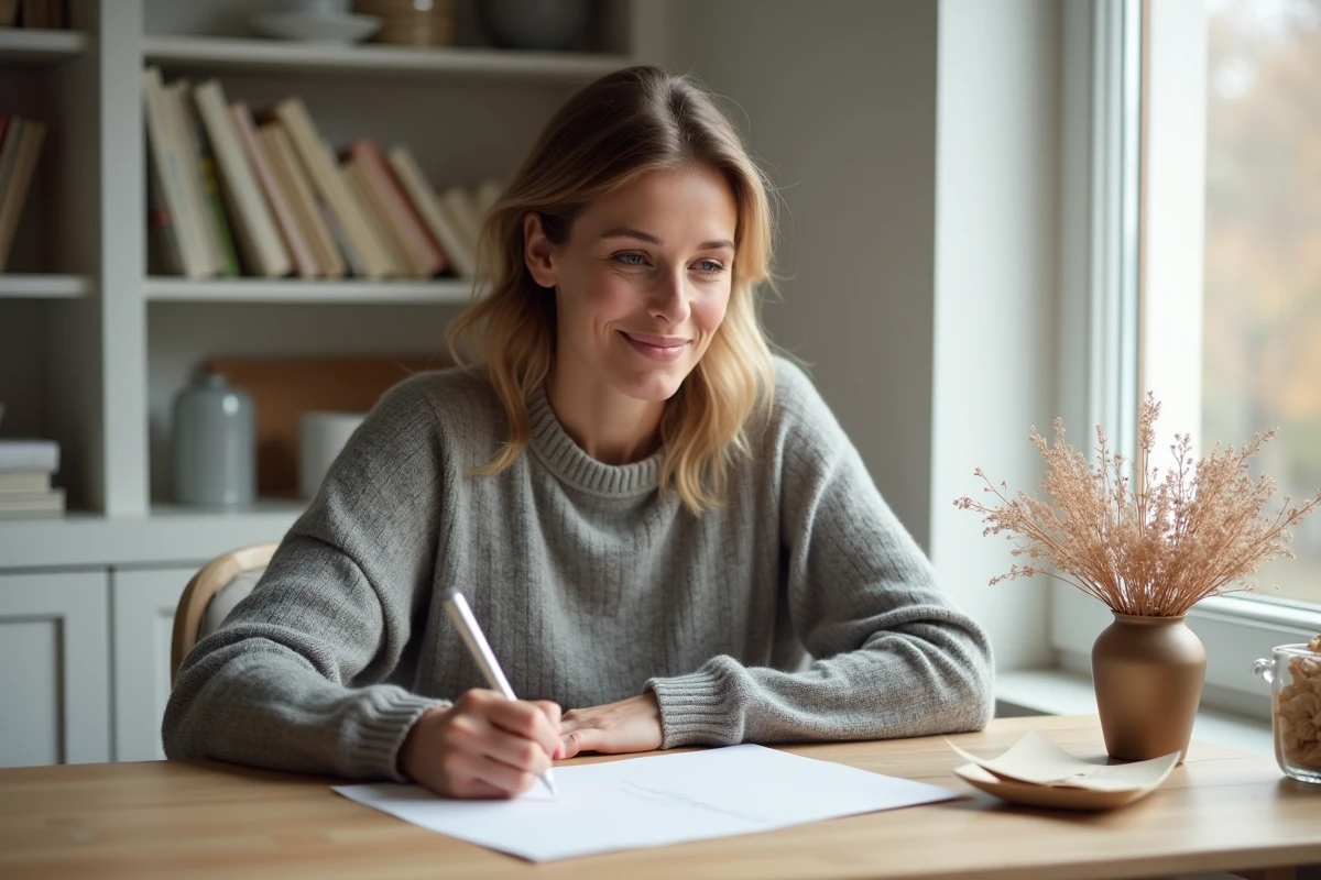 Femme rédigeant un message d'amour pour les 17 ans de mariage avec une carte et des fleurs séchées sur un bureau