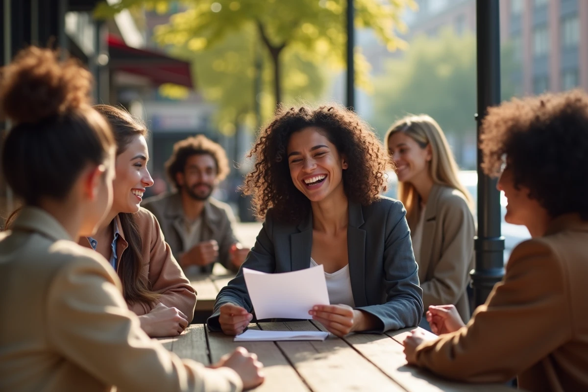 Jeune femme rient à un café avec amis en milieu urbain