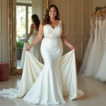 Femme ronde en robe de mariée sirène en satin ivoire devant un miroir dans une boutique de robes de mariée