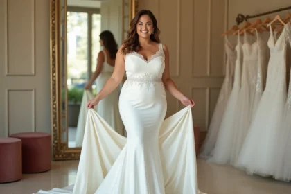 Femme ronde en robe de mariée sirène en satin ivoire devant un miroir dans une boutique de robes de mariée