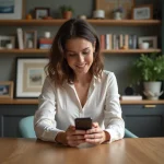 Femme élégante lisant message sur smartphone dans son salon