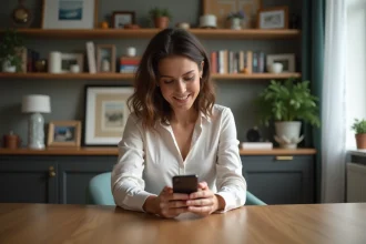 Femme élégante lisant message sur smartphone dans son salon
