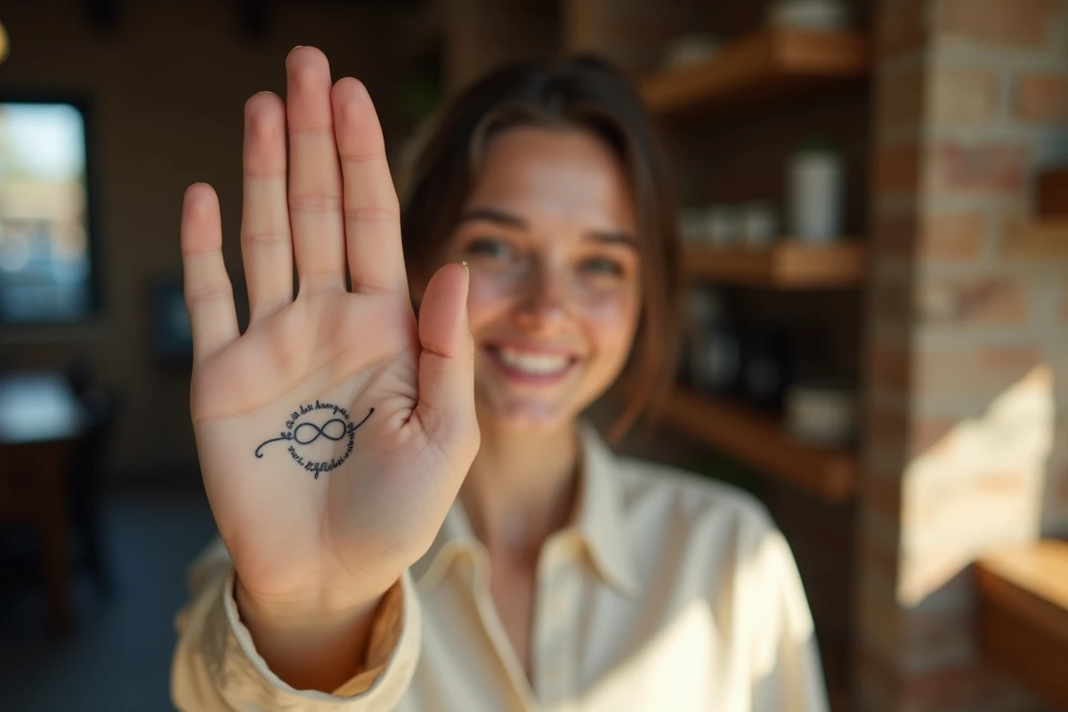 Femme souriante montrant son tatouage infini sur l'annulaire en guise d'alliance, dans un café urbain à l'ambiance chaleureuse