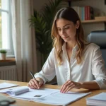 Femme en bureau à domicile examinant des documents officiels