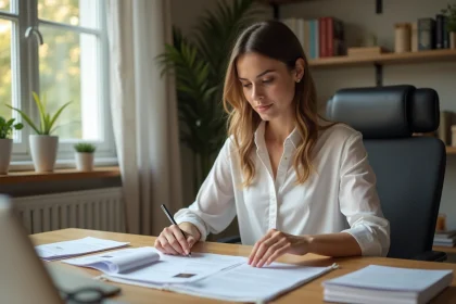Femme en bureau à domicile examinant des documents officiels