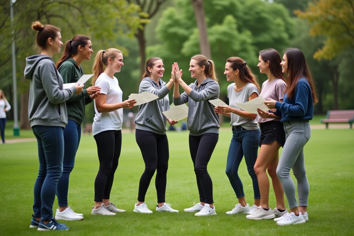 Femmes souriantes après une chasse au trésor dans un parc