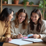 Groupe de femmes autour d'une table à café en intérieur