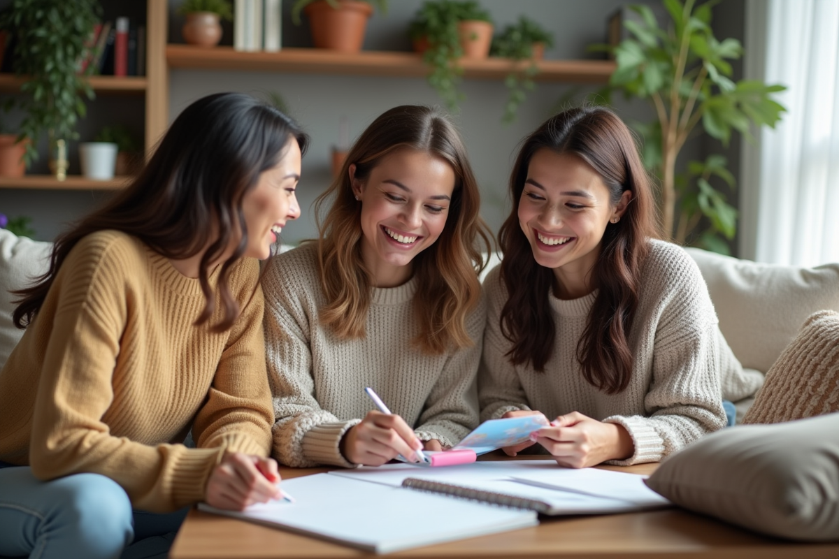 Groupe de femmes autour d'une table à café en intérieur