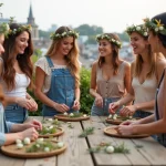 Groupe de femmes décorant des couronnes de fleurs sur un toit urbain