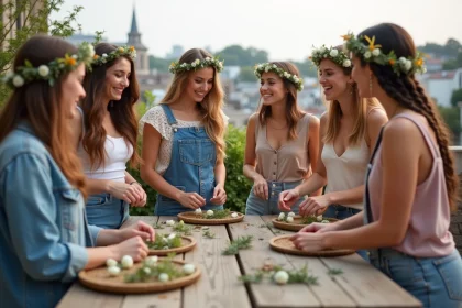 Groupe de femmes décorant des couronnes de fleurs sur un toit urbain