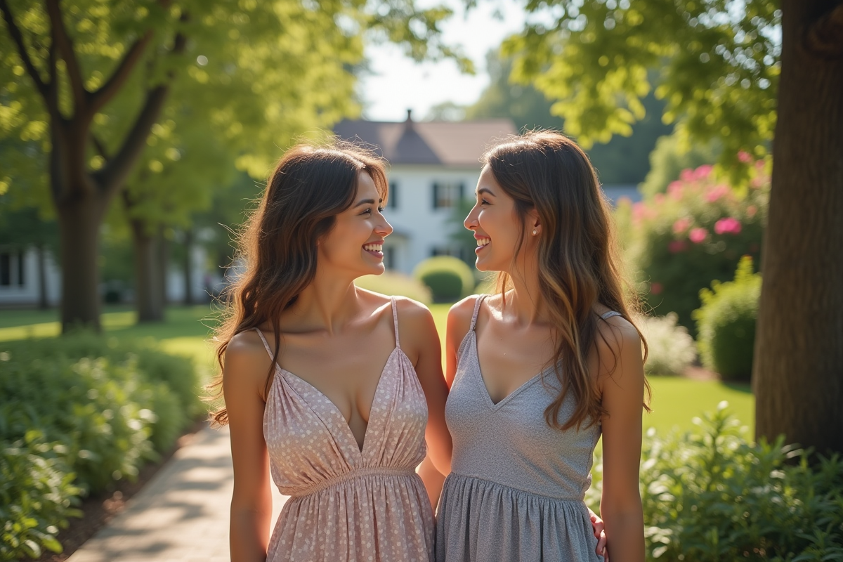 Deux femmes discutant dans un jardin en été