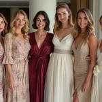 Groupe de femmes élégantes dans un lieu de mariage moderne