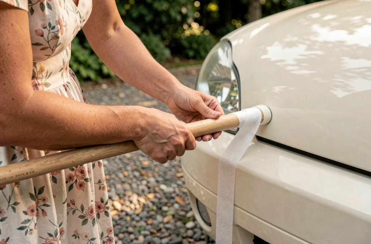 Mains féminines fixant un balai de mariage avec ruban et mousse protectrice sur une voiture sans rayer la carrosserie