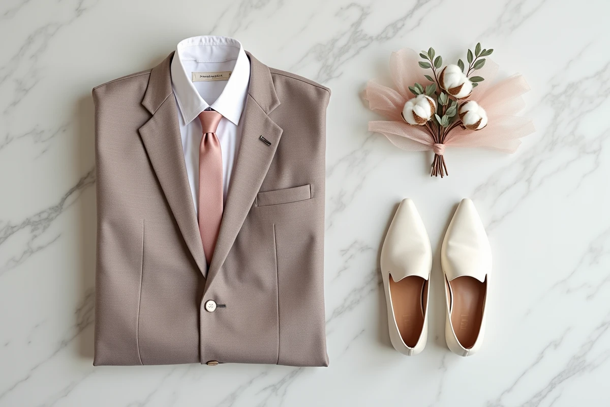 Flat-lay costume de marié et accessoires mariée assortis pour mariage civil, palette rose poudré et ivoire sur marbre