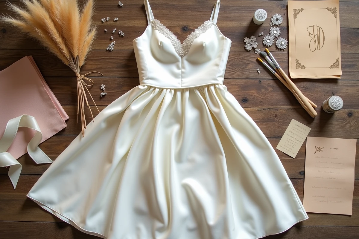 Vue en flat lay d'une robe de mariée en satin entourée de matériaux de customisation abordables sur une table en bois rustique
