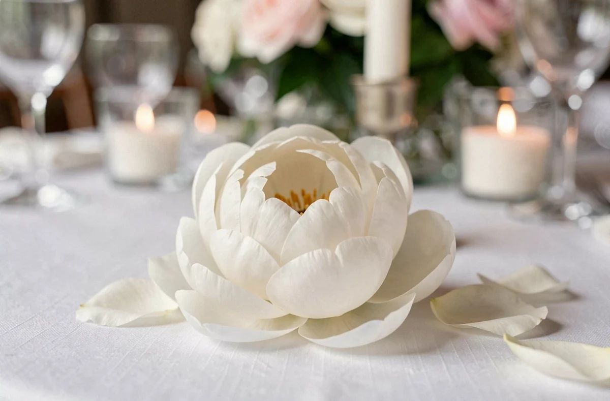 Fleur de pivoine blanche issue de la décoration de table d'une réception de mariage