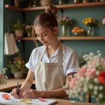 Jeune fleuriste arrangeant un bouquet simple pour mariage