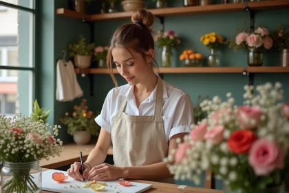 Jeune fleuriste arrangeant un bouquet simple pour mariage