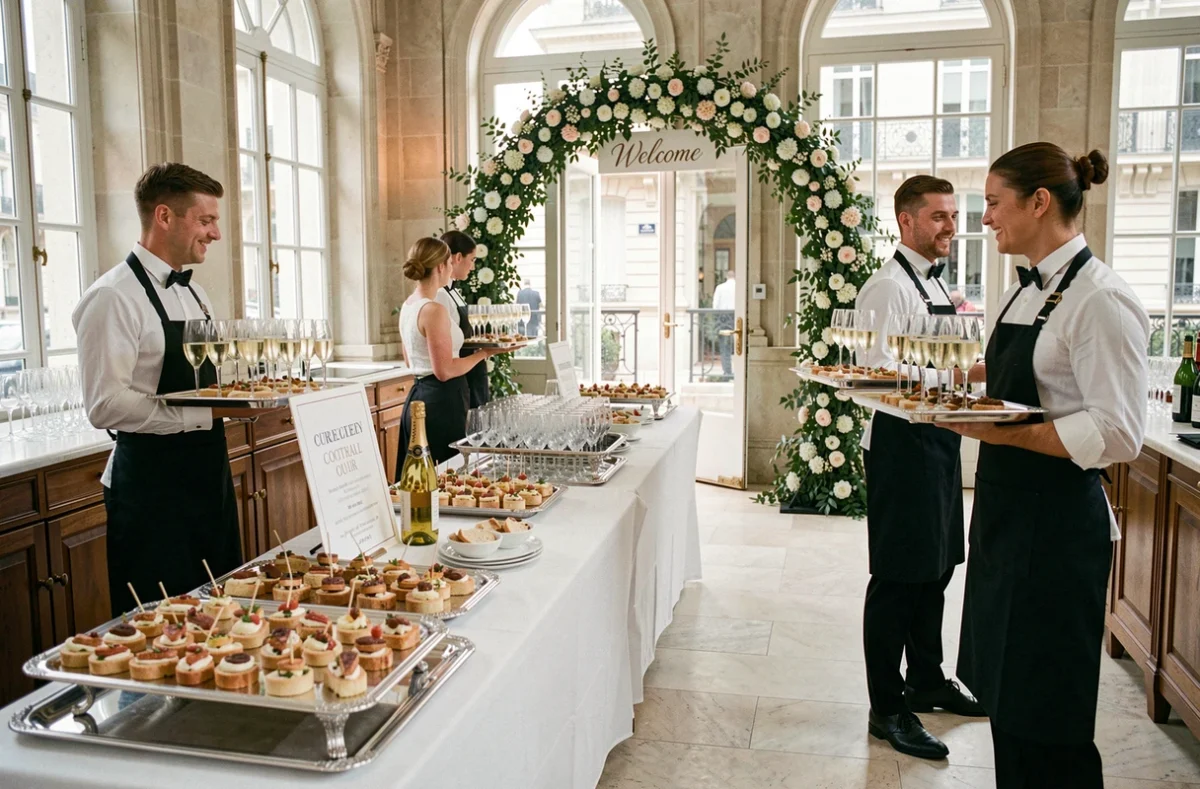 Cocktail de mariage clé en main France Événement avec station de canapés, bar à champagne et arche florale dans un salon parisien élégant