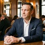 Portrait d'un homme élégant en costume bleu marine assis dans une brasserie parisienne, regard pensif et atmosphère intellectuelle