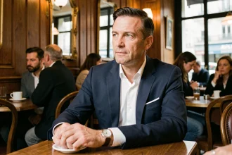 Portrait d'un homme élégant en costume bleu marine assis dans une brasserie parisienne, regard pensif et atmosphère intellectuelle