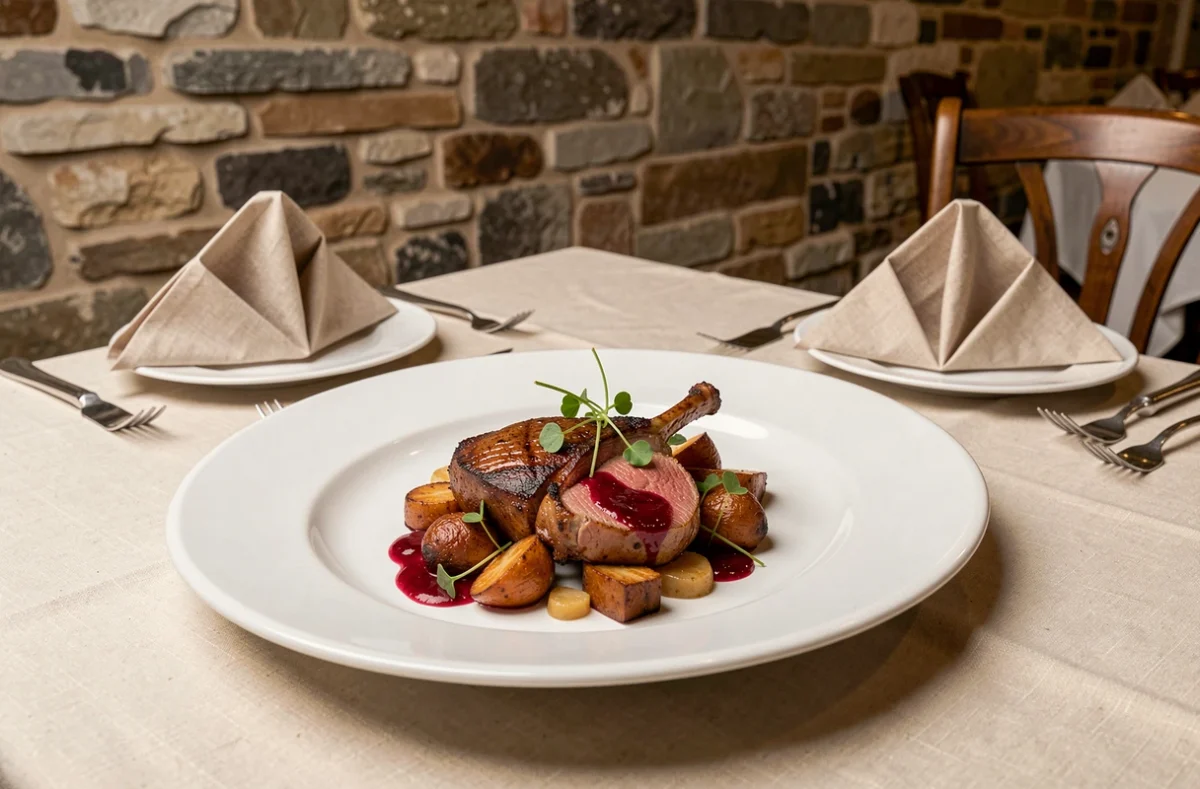 Assiette de canard laqué au service de mariage Grand Chemin dressée avec soin dans une ancienne demeure parisienne aux murs en pierre apparente