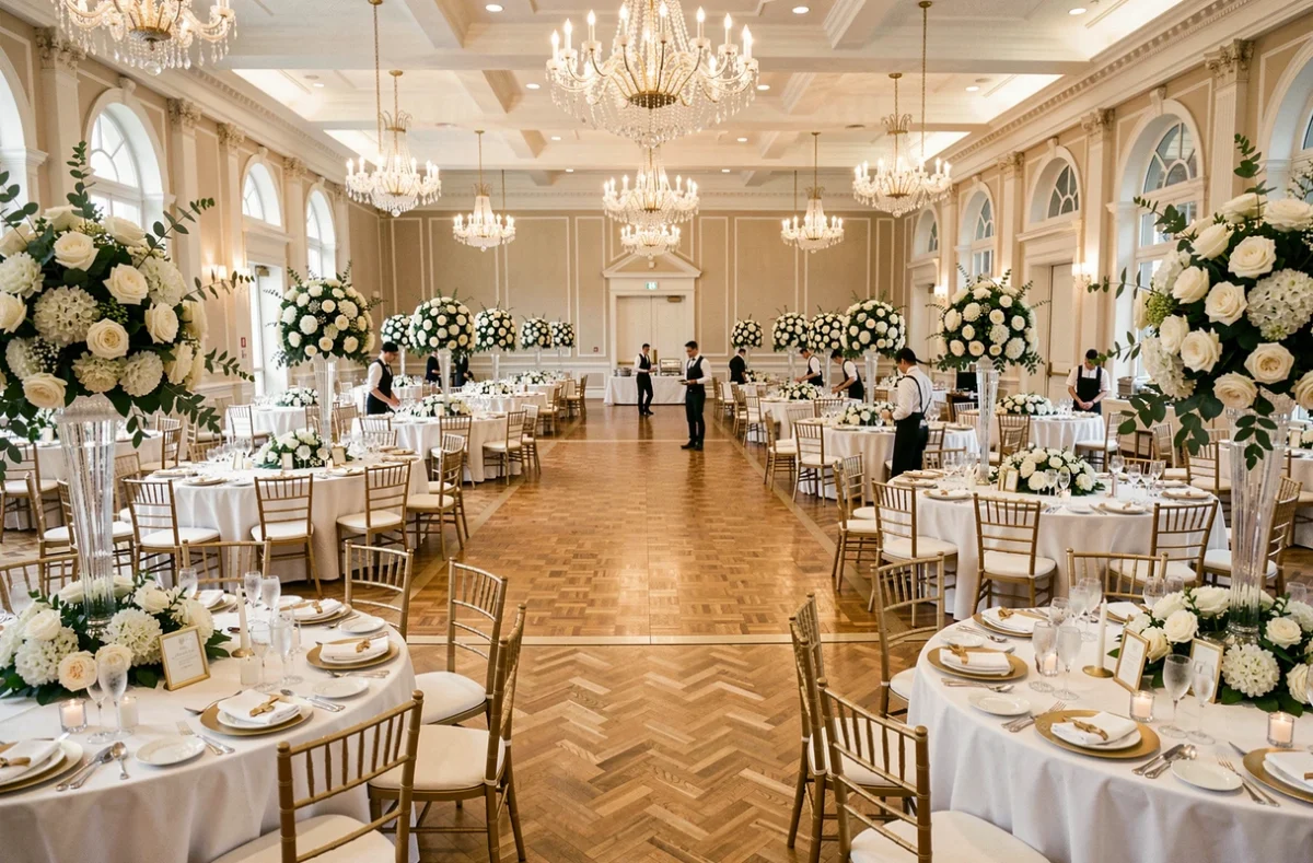 Grande salle de réception Granville Réceptions pour mariage de prestige avec tables dorées, piste de danse et personnel en uniforme dans un château parisien