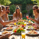 Groupe d'amis souriants autour d'un buffet d'été en plein air