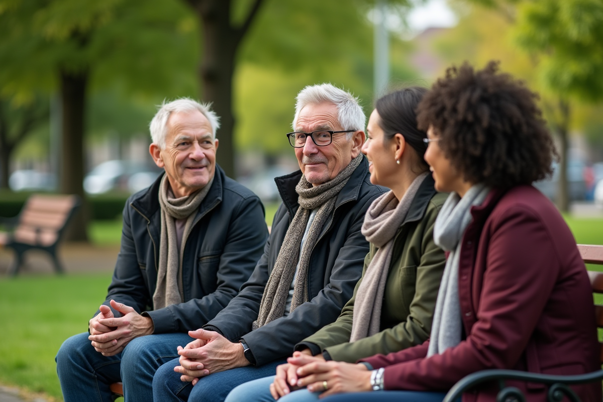 Groupe diversifié discutant dans un parc urbain
