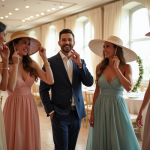 Invités élégants autour d'un photo booth lors d'un mariage
