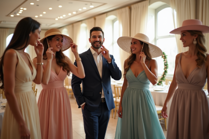 Invités élégants autour d'un photo booth lors d'un mariage