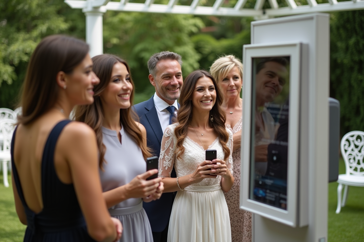 Groupe d invités souriants autour d un photobooth en extérieur