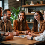 Groupe d'adultes jouant à un jeu de brise-glace dans un salon cosy