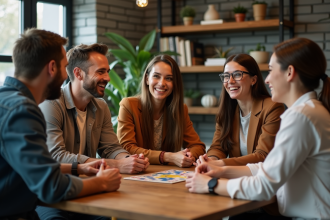 Groupe d'adultes jouant à un jeu de brise-glace dans un salon cosy