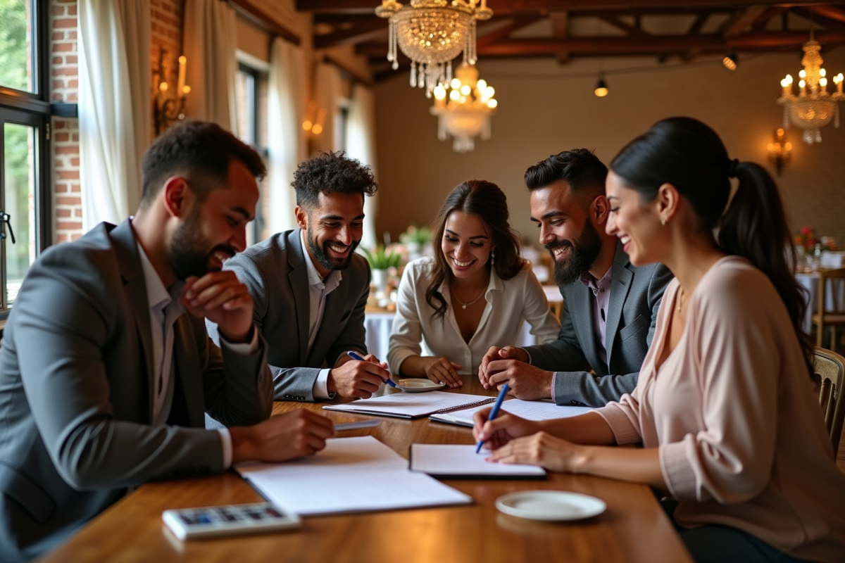 Groupe de musiciens de mariage multiethnique en discussion
