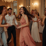 Groupe d'adultes en tenue de mariage riant lors d'un jeu festif